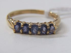 BLUE 5 STONE RING, 9ct yellow gold ring, set 5 oval blue stones, size P