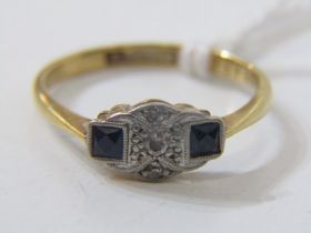ANTIQUE ART DECO SAPPHIRE & DIAMOND RING, 2 square cut sapphires, 3 illusion set brilliant cut