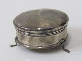 CIRCULAR SILVER RING BOX, on 3 raised feet, Birmingham HM, 1914, 6 cm diameter