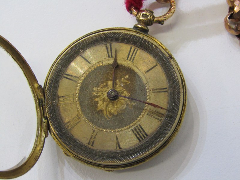 YELLOW METAL, TESTS 14ct GOLD CASED FOB WATCH on yellow metal marked 9ct Albert chain with T bar, - Image 2 of 6