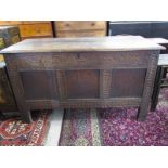 18th CENTURY OAK COFFER, with 3 panel front, carved frame and rising top, enclosing strap hinges and