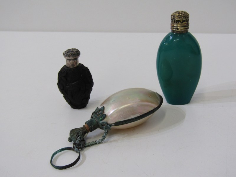 VICTORIAN IRISH SCENT BOTTLE, a carved bog oak scent bottle decorated a harp and shamrocks in relief