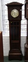 OAK LONG CASE CLOCK, 1930s oak framed long case clock with silvered dial and Arabic numerals,
