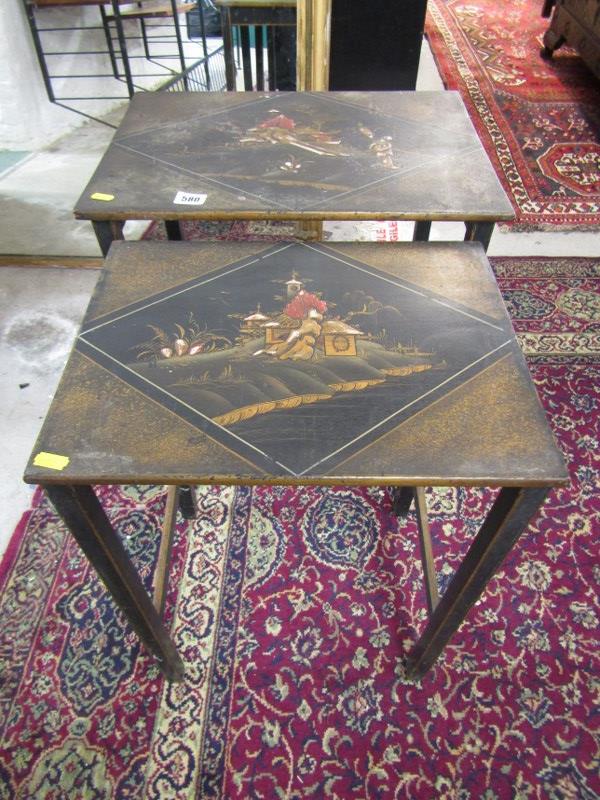 ORIENTAL PANELS, pair of panels decorated oriental mountain scenes with lakes, also a nest of 2