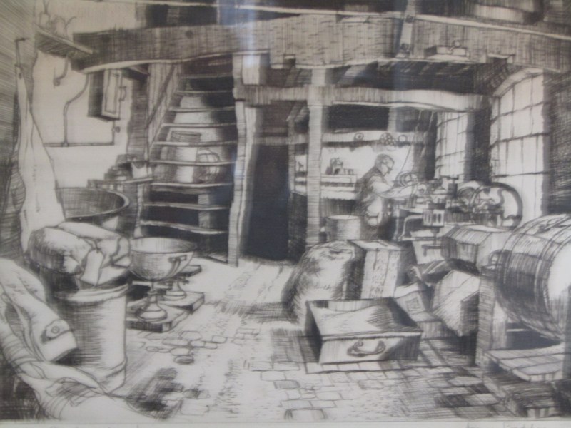 JAMES PRIDDEY, signed watercolour "The boat haul, Evesham", also a signed etching "In the workshop", - Image 5 of 6