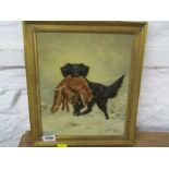 J DECKER, oil on canvas "Hunting Dog with Fox in a winter landscape", signed to right hand corner,