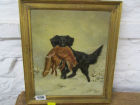 J DECKER, oil on canvas "Hunting Dog with Fox in a winter landscape", signed to right hand corner,