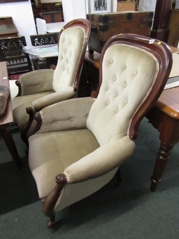SPOONBACK ARM CHAIRS, matched pair of mahogany framed spoon back armchairs with button back, - Image 2 of 5