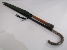 CHINESE SILVER HANDLED WALKING CANE, with ebony shaft, together with a silver handled umbrella, 90cm