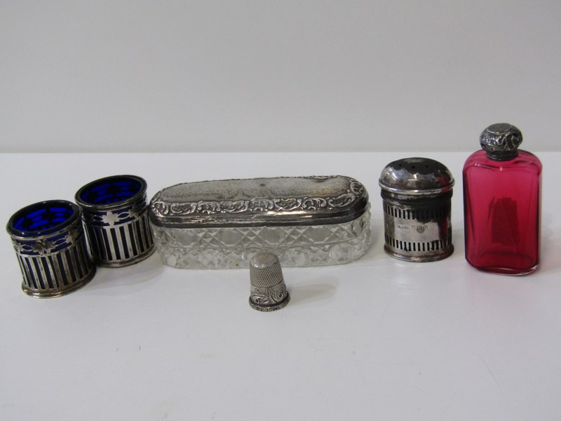 SILVER SALTS, pair of silver salts with blue glass liners, Birmingham HM, similar pepperette, silver