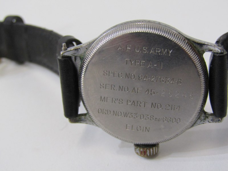 ELGIN MILITARY WRISTWATCH, a black dialled wristwatch in plated case with leather straps with - Image 3 of 4