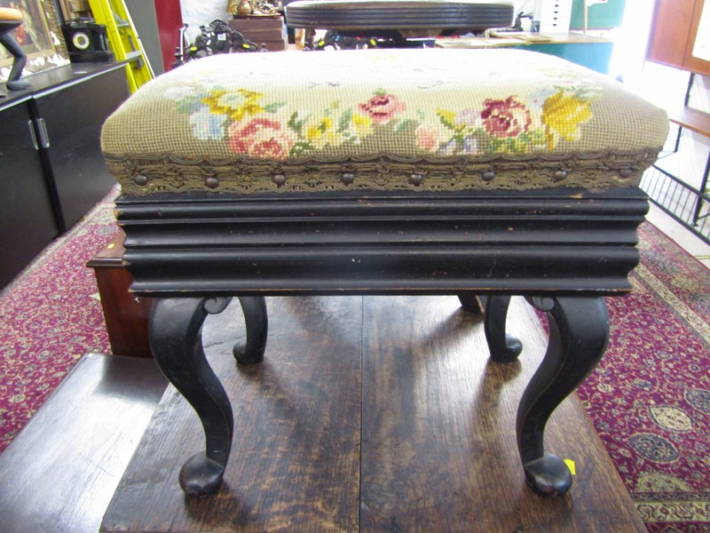 PIANO STOOL, 19th Century piano stool with needlework top and ebonised frame, also a revolving top - Image 4 of 4