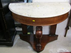 VICTORIAN WASH STAND, marble topped, demi lune mahogany veneered wash stand on shaped base, 90cm