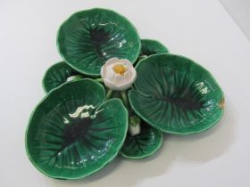 MINTON MAJOLICA, Minton Majolica triple section serving dish with flower centre and projecting