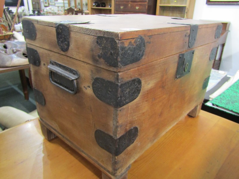 ANTIQUE PINE TRUNK, antique pine box with metal strap decoration, 50cm width with handles to - Image 2 of 6