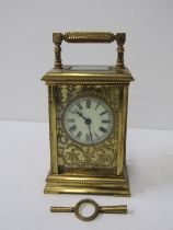 CARRIAGE CLOCK, brass cased carriage clock with enamelled dial, front panel with foliate