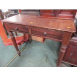 19th CENTURY MAHOGANY SIDE TABLE, fitted 2 drawers on turned tapering supports, 84cm