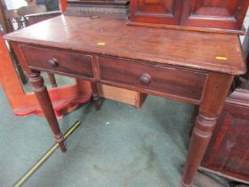 19th CENTURY MAHOGANY SIDE TABLE, fitted 2 drawers on turned tapering supports, 84cm