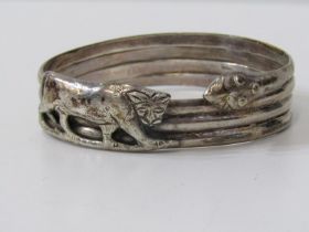 WHITE METAL, TEST SILVER LIONESS & SNAKE BANGLE, unusual design, looks of African manufacture,