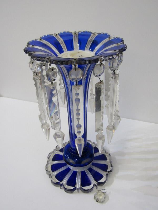 VICTORIAN GLASS, a cased blue and clear glass lustre (some drops as found), 30cms height, together - Image 2 of 7