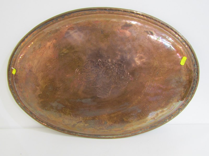 ARTS & CRAFTS COPPER TRAY, marked "HW" (Hugh Wallace), the oval tray decorated a floral basket to - Image 6 of 10