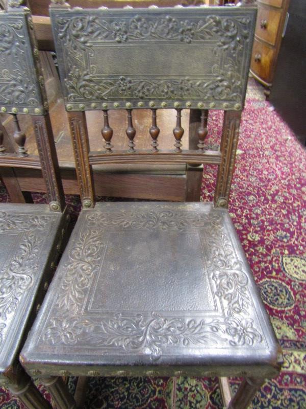 LATE 19th CENTURY LEATHER SEATED DINING CHAIRS, the embossed leather with floral decoration in - Image 3 of 3