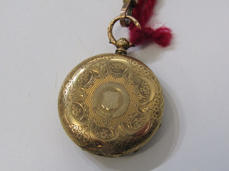 YELLOW METAL, TESTS 14ct GOLD CASED FOB WATCH on yellow metal marked 9ct Albert chain with T bar, - Image 3 of 6