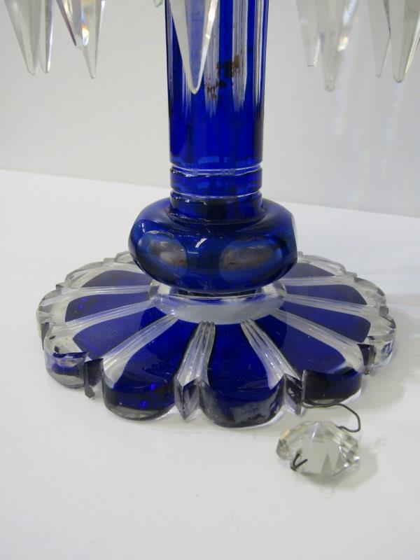 VICTORIAN GLASS, a cased blue and clear glass lustre (some drops as found), 30cms height, together - Image 4 of 7