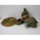 MILITARY ITEMS, Russian soldier's cap and belt, also 2 military flasks, 1 stamped Russia 1987