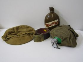 MILITARY ITEMS, Russian soldier's cap and belt, also 2 military flasks, 1 stamped Russia 1987