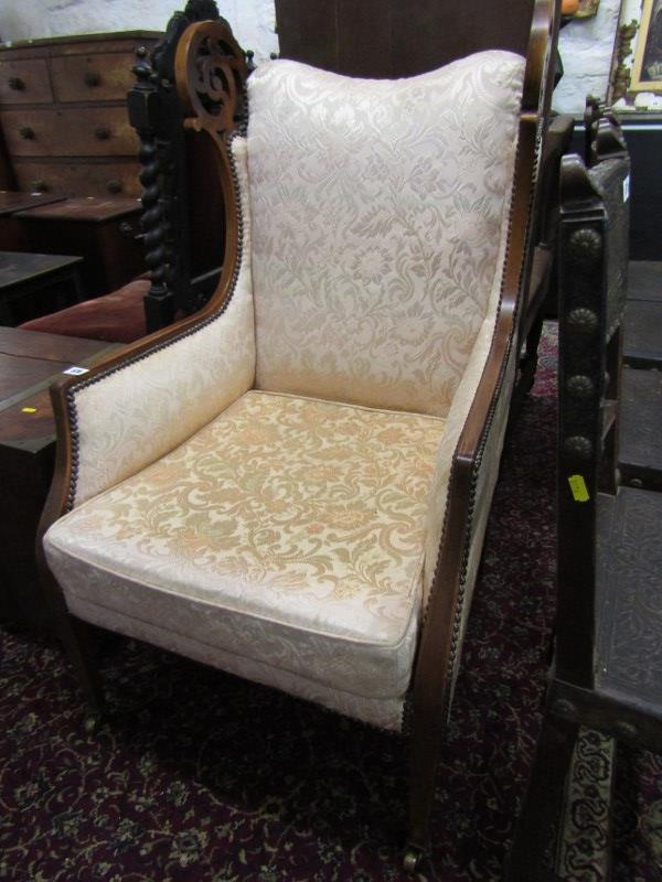 MAHOGANY FRAMED ARMCHAIR with shaped back, foliate upholstered seat on square form taper legs and - Image 3 of 3