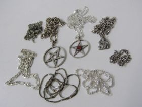 SELECTION OF SILVER & WHITE METAL CHAINS & PENDANTS, including 2 pentagrams, combined weight approx.