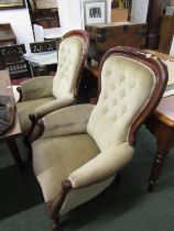 SPOONBACK ARM CHAIRS, matched pair of mahogany framed spoon back armchairs with button back,