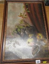 OIL ON BOARD, still life "jug with apples" indistinctly signed to bottom right hand corner 49 x