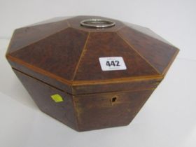19th CENTURY BURR WALNUT JEWELLERY BOX, of hexagonal form, with lined interior, fitted rising top,