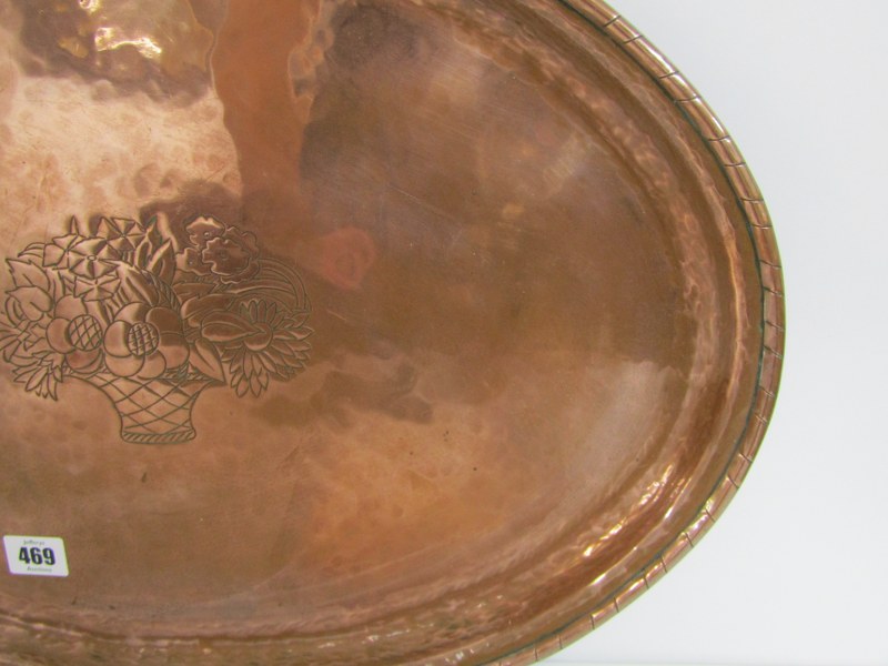 ARTS & CRAFTS COPPER TRAY, marked "HW" (Hugh Wallace), the oval tray decorated a floral basket to - Image 5 of 10