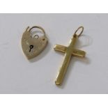 YELLOW METAL CROSS, tests 9ct, approx. 4.2 grams and heart padlock clasp, approx. 2 grams