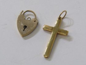 YELLOW METAL CROSS, tests 9ct, approx. 4.2 grams and heart padlock clasp, approx. 2 grams