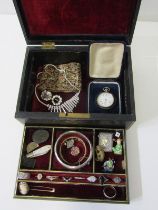 JEWELLERY BOX & CONTENTS, black leather jewellery box containing 7 assorted silver rings, silver
