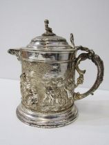 19th CENTURY PLATED BEER JUG, body decorated a continuous landscape of putti in relief with mask