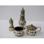 SILVER SUGAR CASTOR of baluster form with pierced lid, Birmingham HM, 14cm height, also a salt and