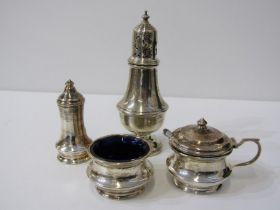 SILVER SUGAR CASTOR of baluster form with pierced lid, Birmingham HM, 14cm height, also a salt and