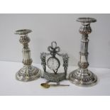 WATCH GARNITURE SET, silver plated pocket watch stand with foliate engraved decoration together with