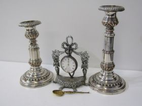 WATCH GARNITURE SET, silver plated pocket watch stand with foliate engraved decoration together with