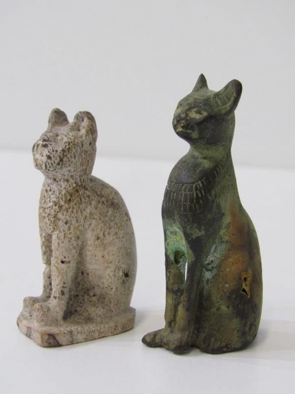 ANCIENT EGYPTIAN BRONZE CAT, 6.5cm height, together with a primitive stone cut seated cat figure,