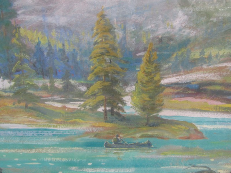 SPENCER ROBERTS, British Columbia pastel "Canoeist in extensive river valley landscape", signed - Image 2 of 5