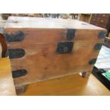 ANTIQUE PINE TRUNK, antique pine box with metal strap decoration, 50cm width with handles to