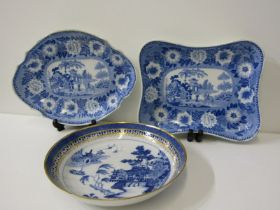 ANTIQUE ENGLISH TRANSFERWARE, shaped edge oval dessert dish, printed with exotic landscape scene