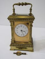 LARGE CASED CARRIAGE CLOCK in architectural design case, with white enamel dial, 16cm height, with