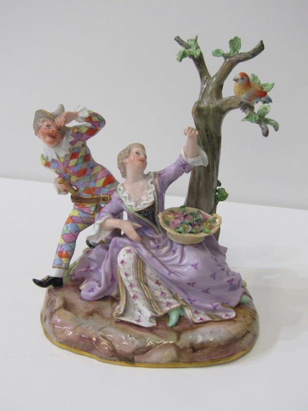 MEISSEN GROUP, 19th Century Meissen group of Harlequin and Columbine seated by a tree, 17cm - Image 2 of 19